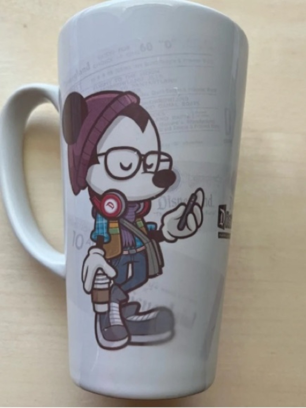 White Hipster Character Art Print Mug with Purple and Blue Accents